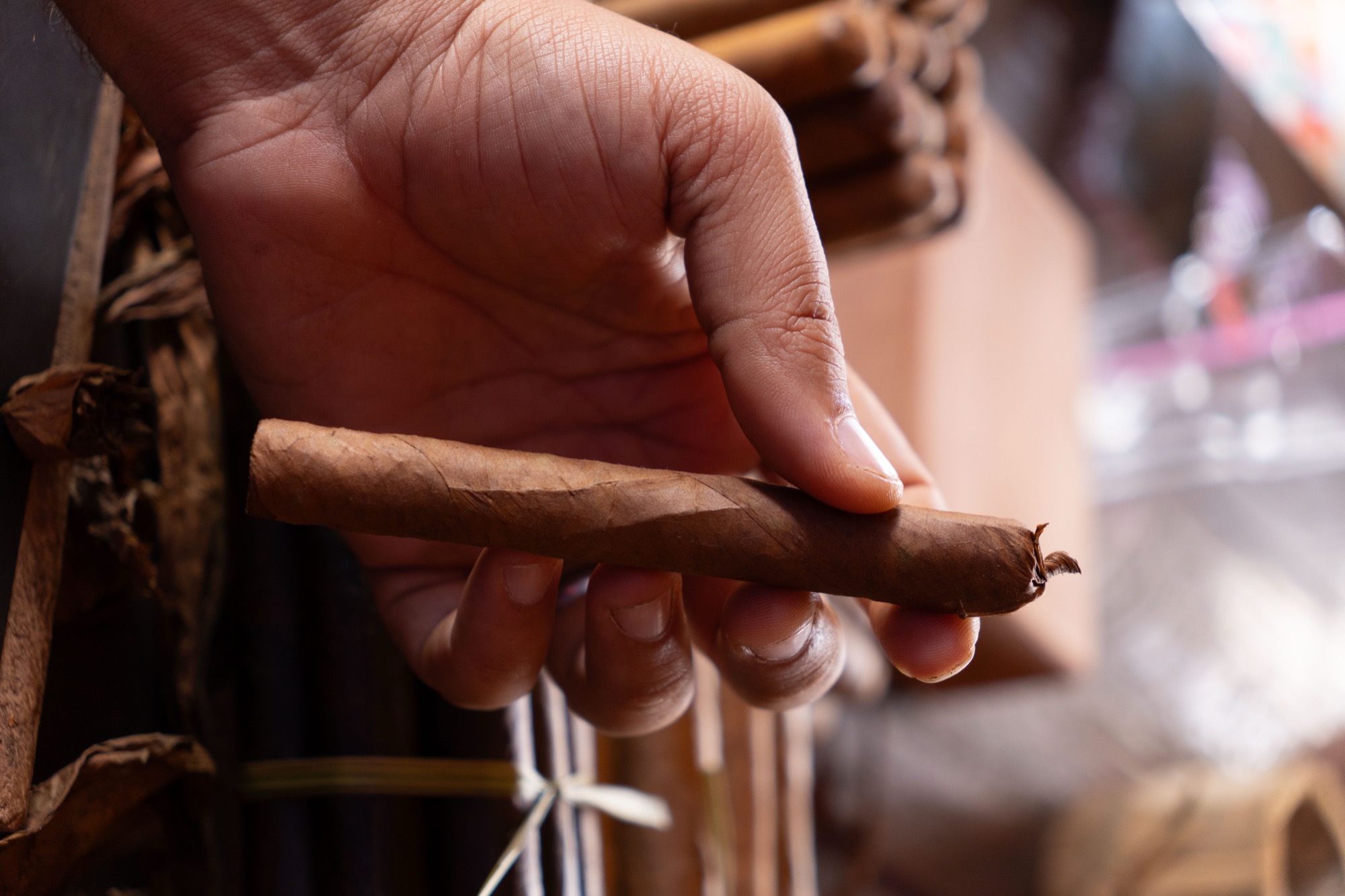 A hand holding a freshly rolled cigar at a Viñales tobacco stall