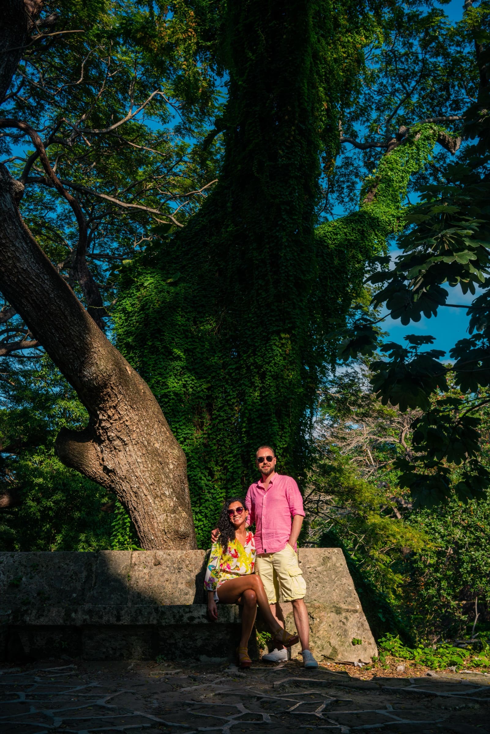 A couple seated under a giant vine-covered tree by the river